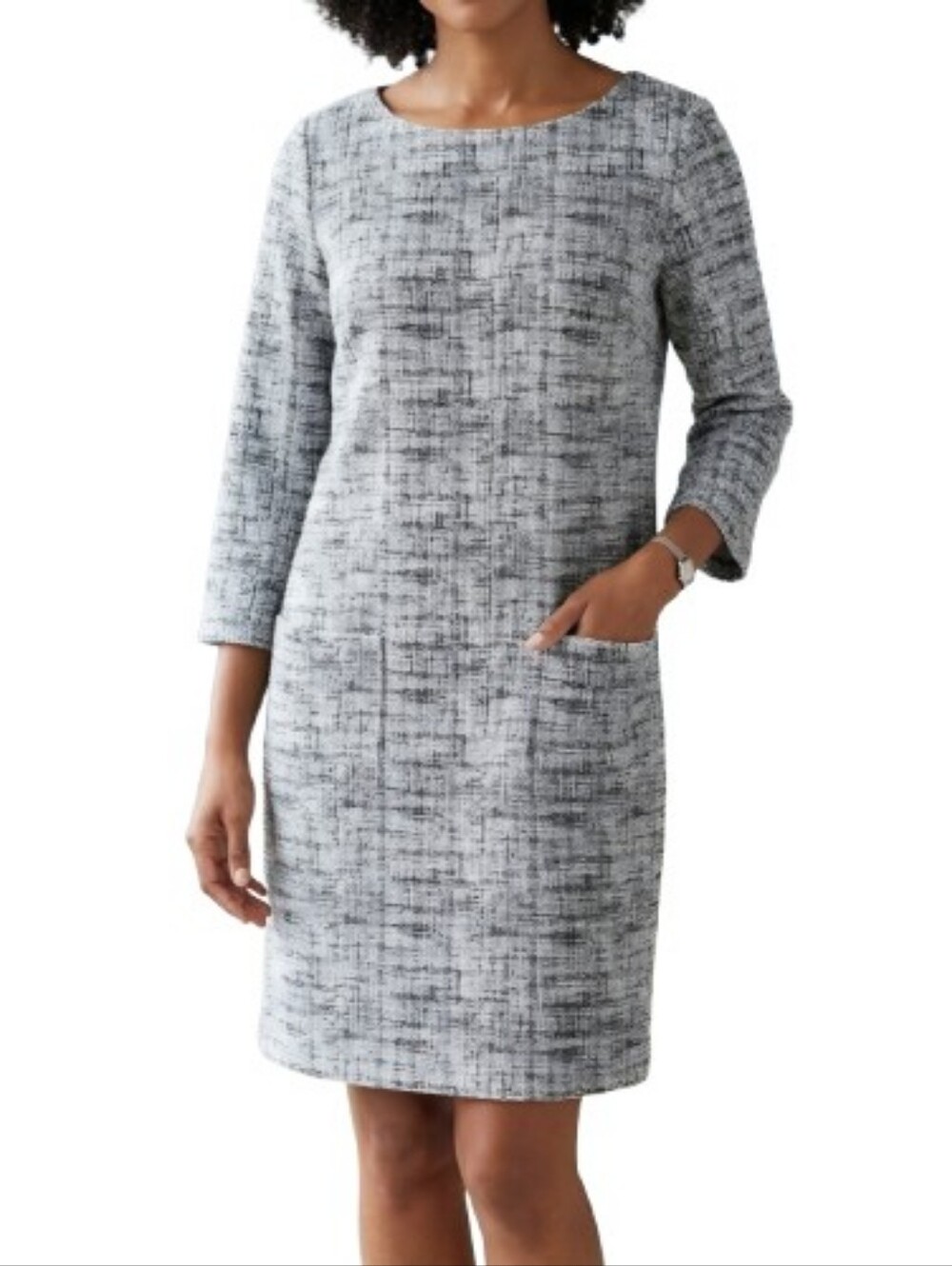 Nicole Miller Knit Tweed Sheath Dress Abstract Plaid Black White Pockets
